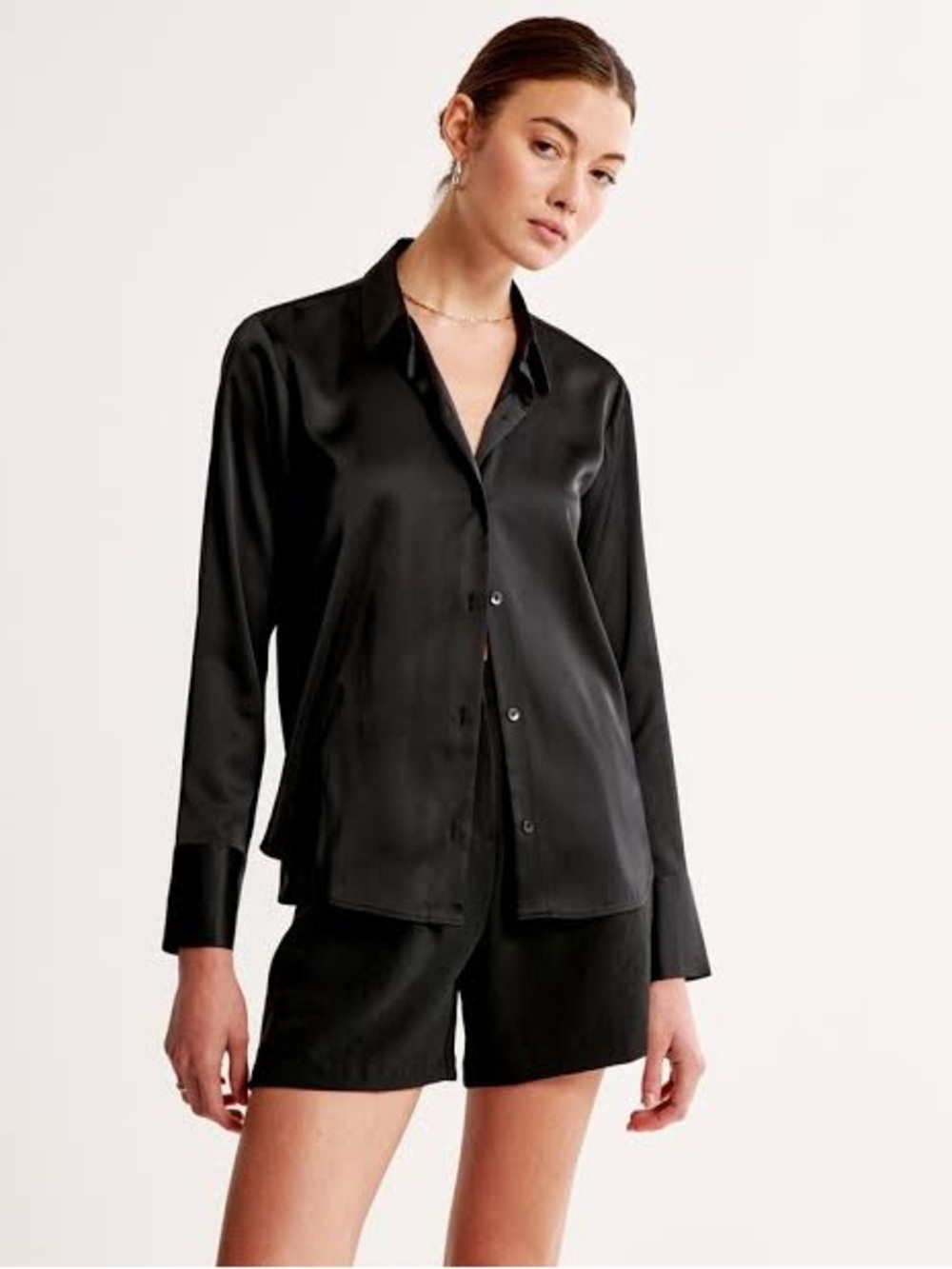 NWT Abercrombie & Fitch Black Long Sleeve Satin Button Up Shirt - S